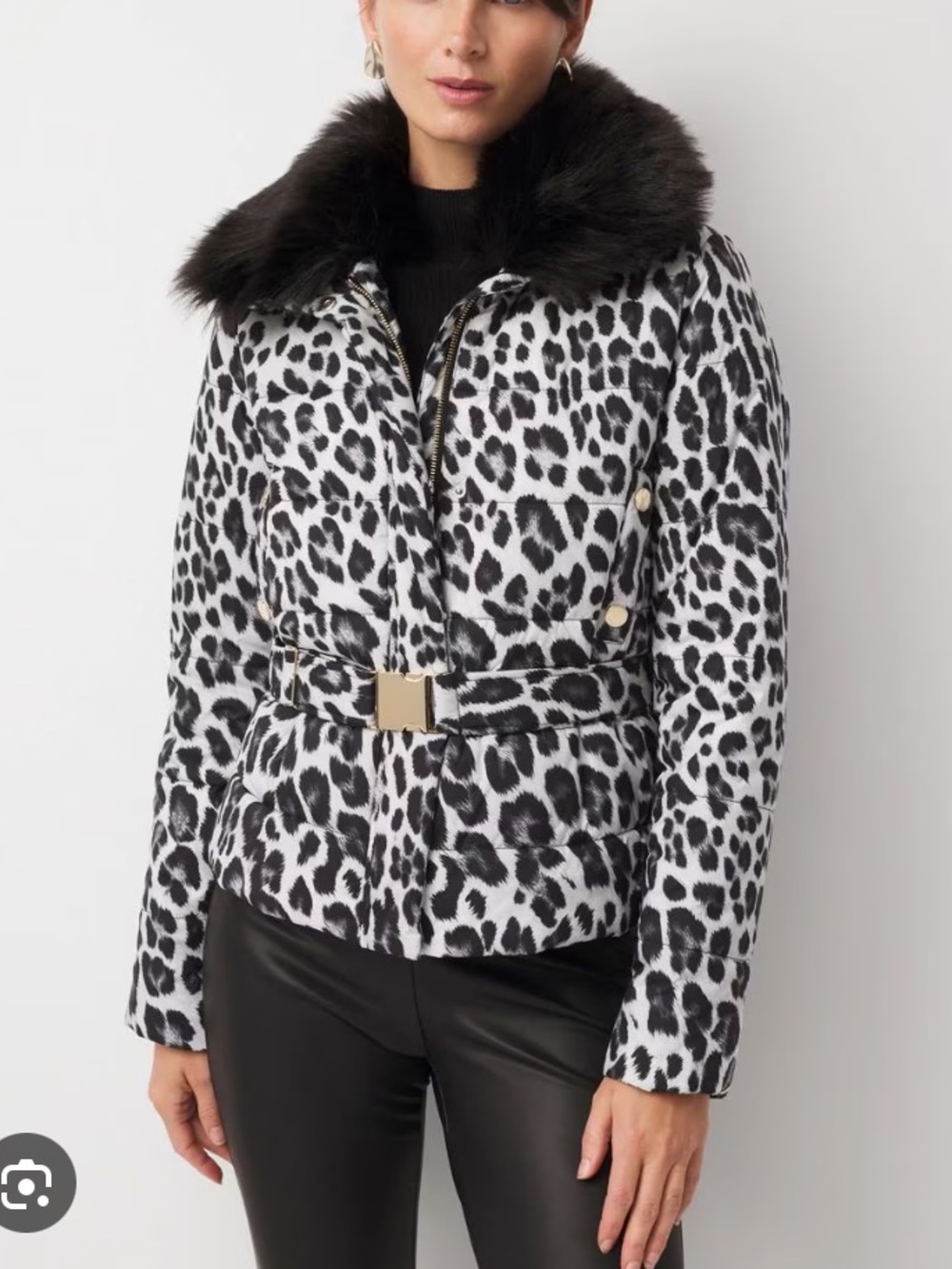 White House Black Market Leopard Print Puffer Jacket with Faux Fur Collar New
